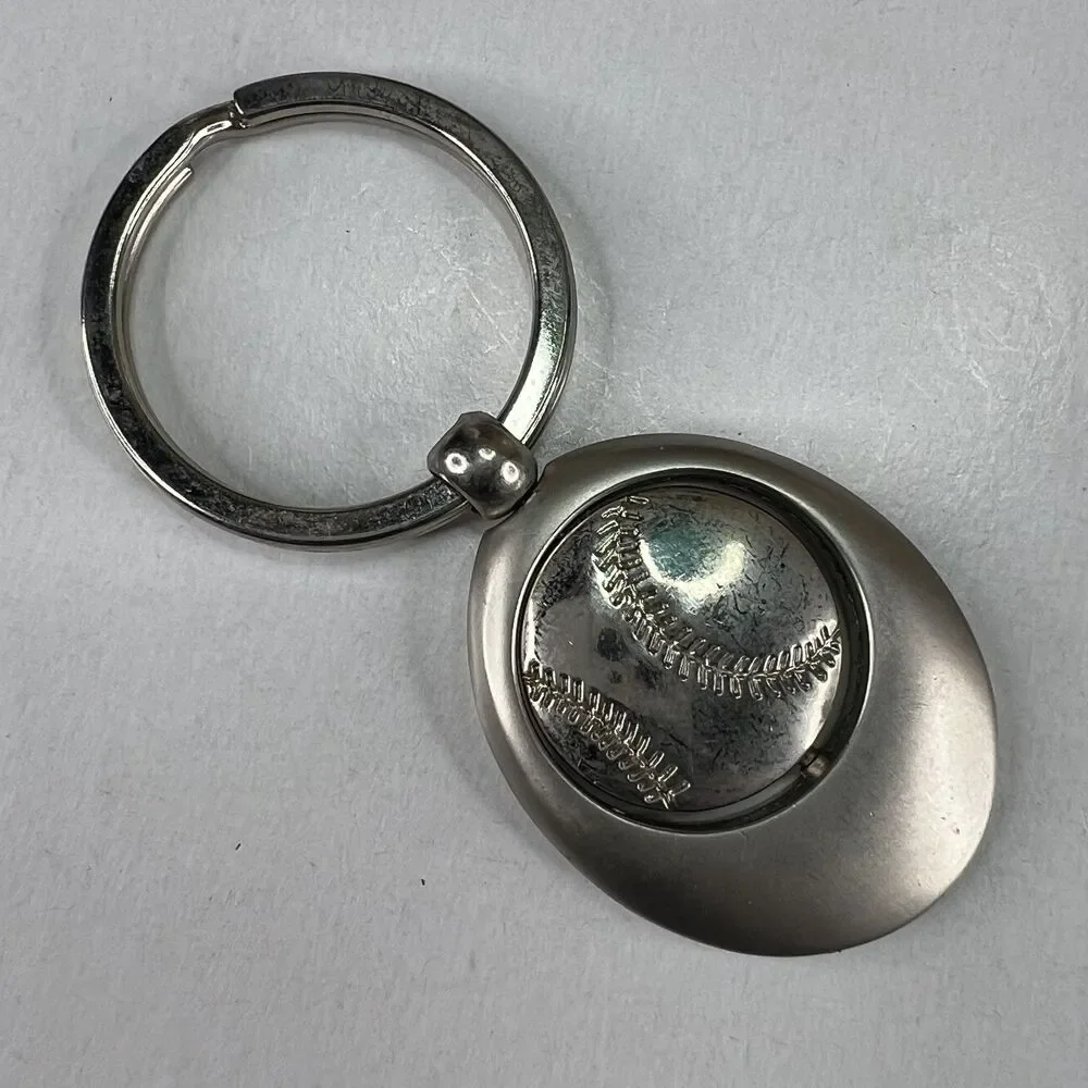 Vintage Spinning Baseball Keychain Keyring Metal Oval 1.5